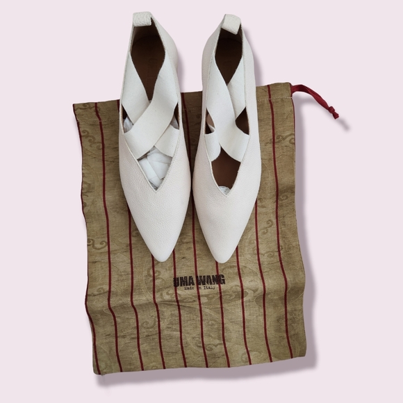 Uma Wang NWT Pointed Ballet Flats Off White Calf Leather Crisscross Pointed Toe - Picture 2 of 11